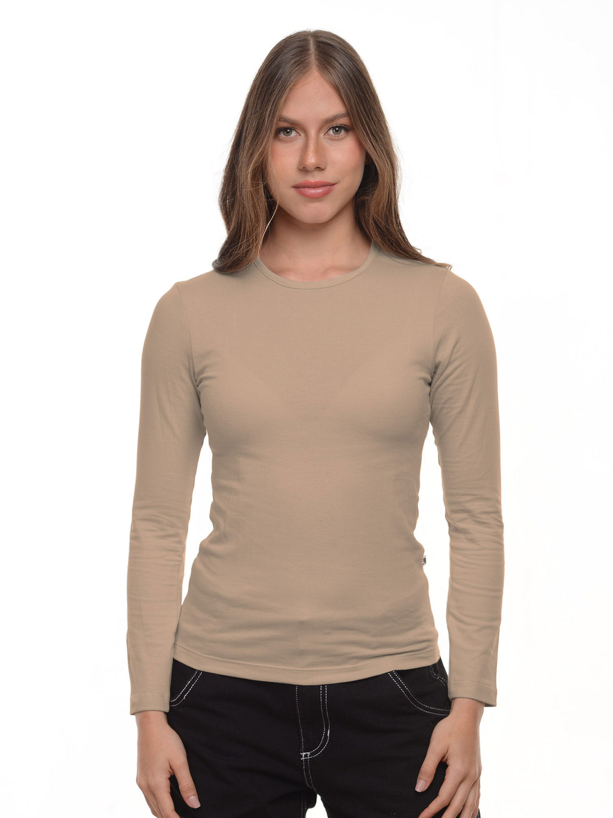 Blusa mujer slim fit luna manga larga color capuchino · Aritex Colombia