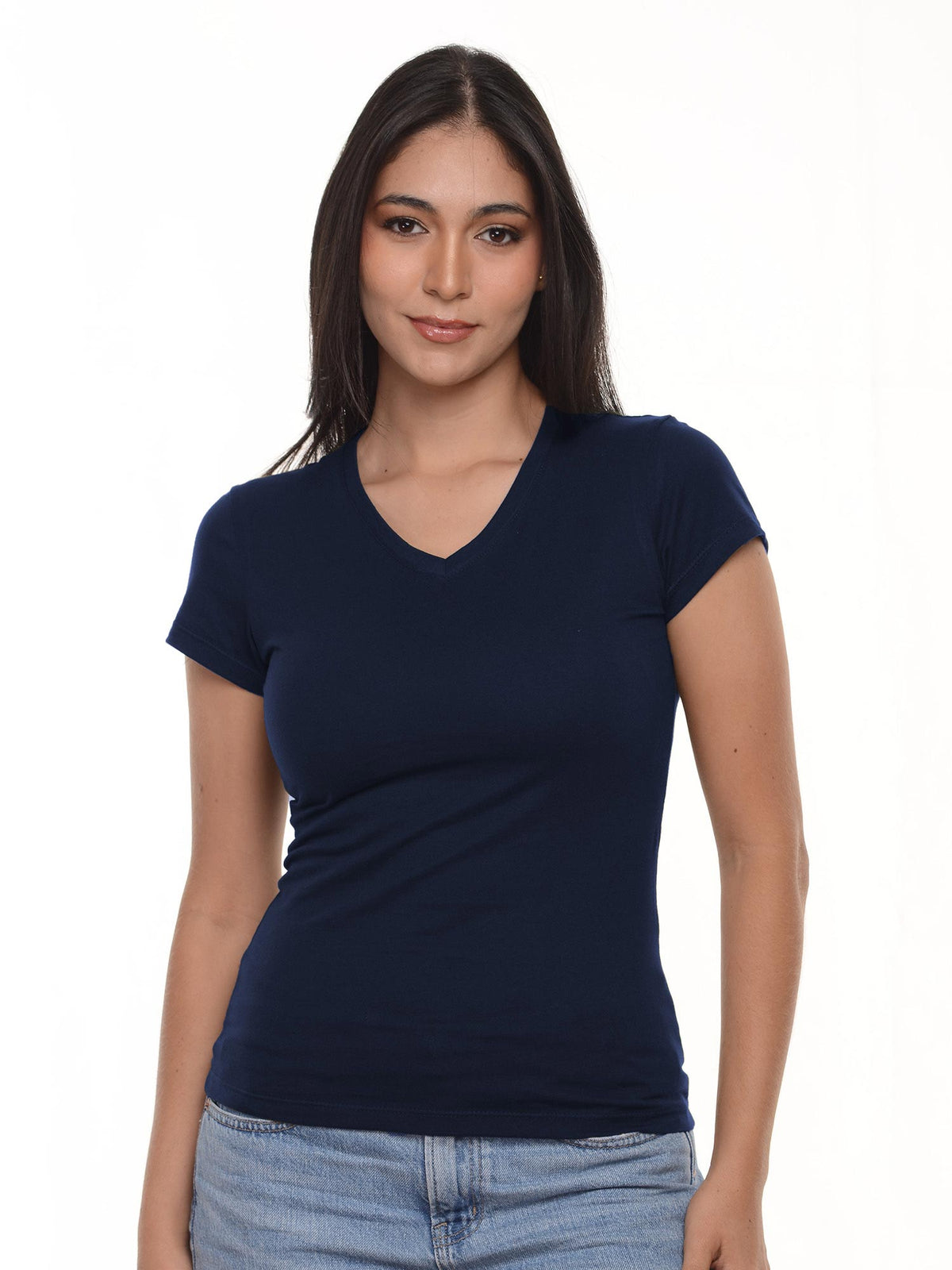 Camiseta mujer slim fit cuello v color azul navy · Aritex Colombia