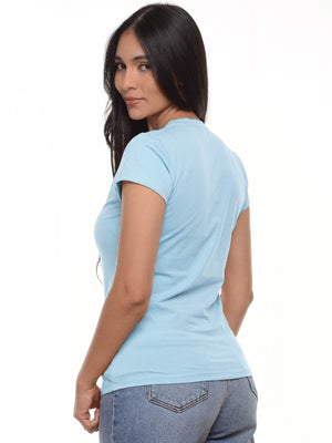 Camiseta mujer slim fit cuello redondo color azul medio, vista 2 · Aritex Colombia