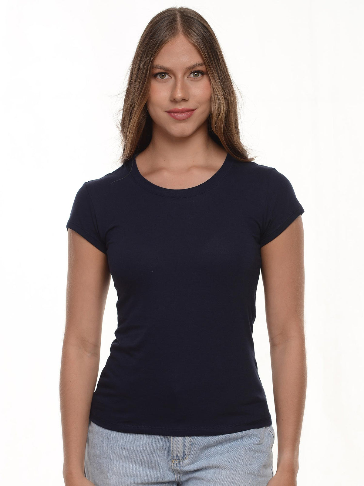 Camiseta mujer slim fit cuello redondo color azul navy · Aritex Colombia
