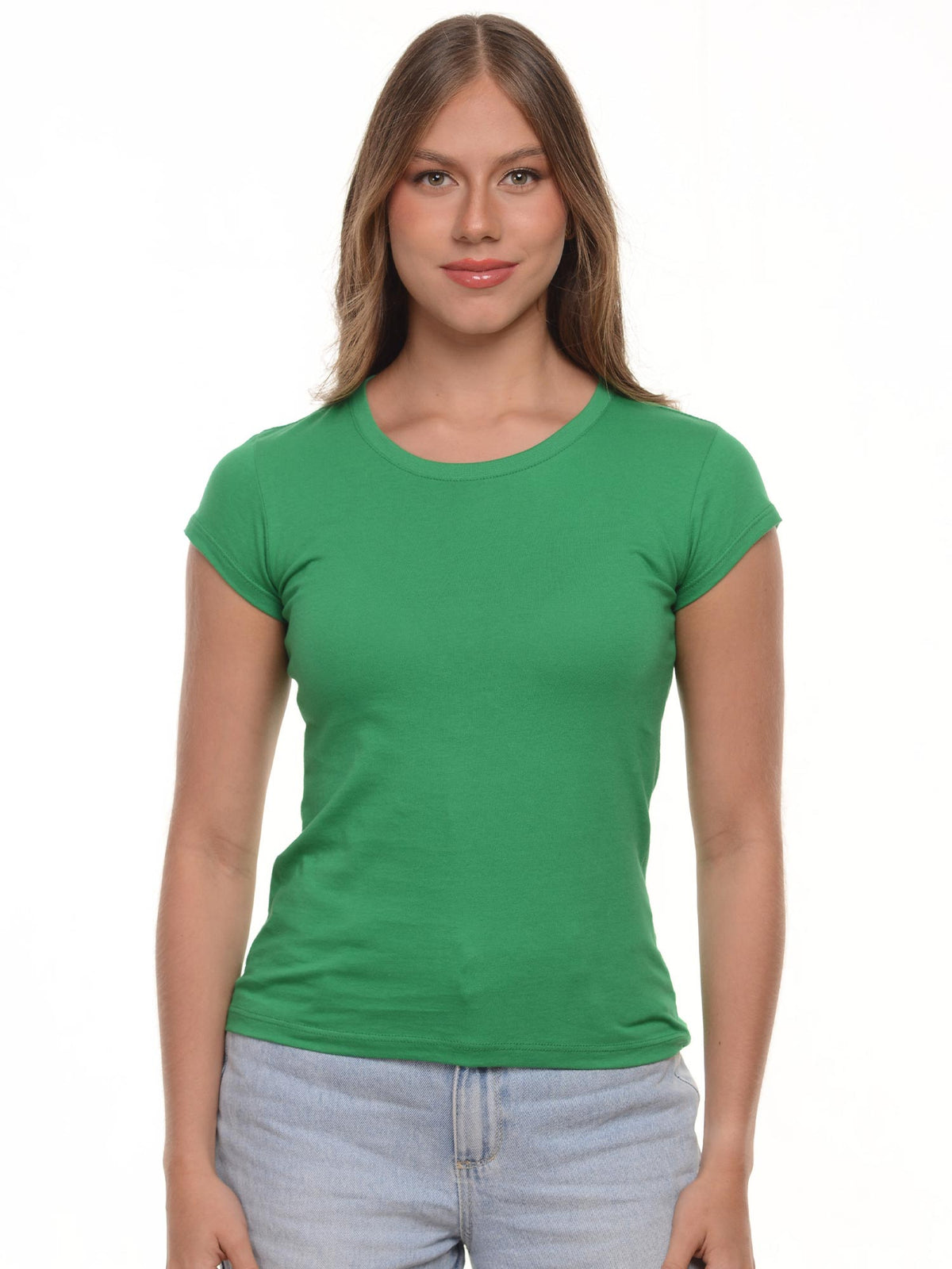 Camiseta mujer slim fit cuello redondo color verde cali · Aritex Colombia