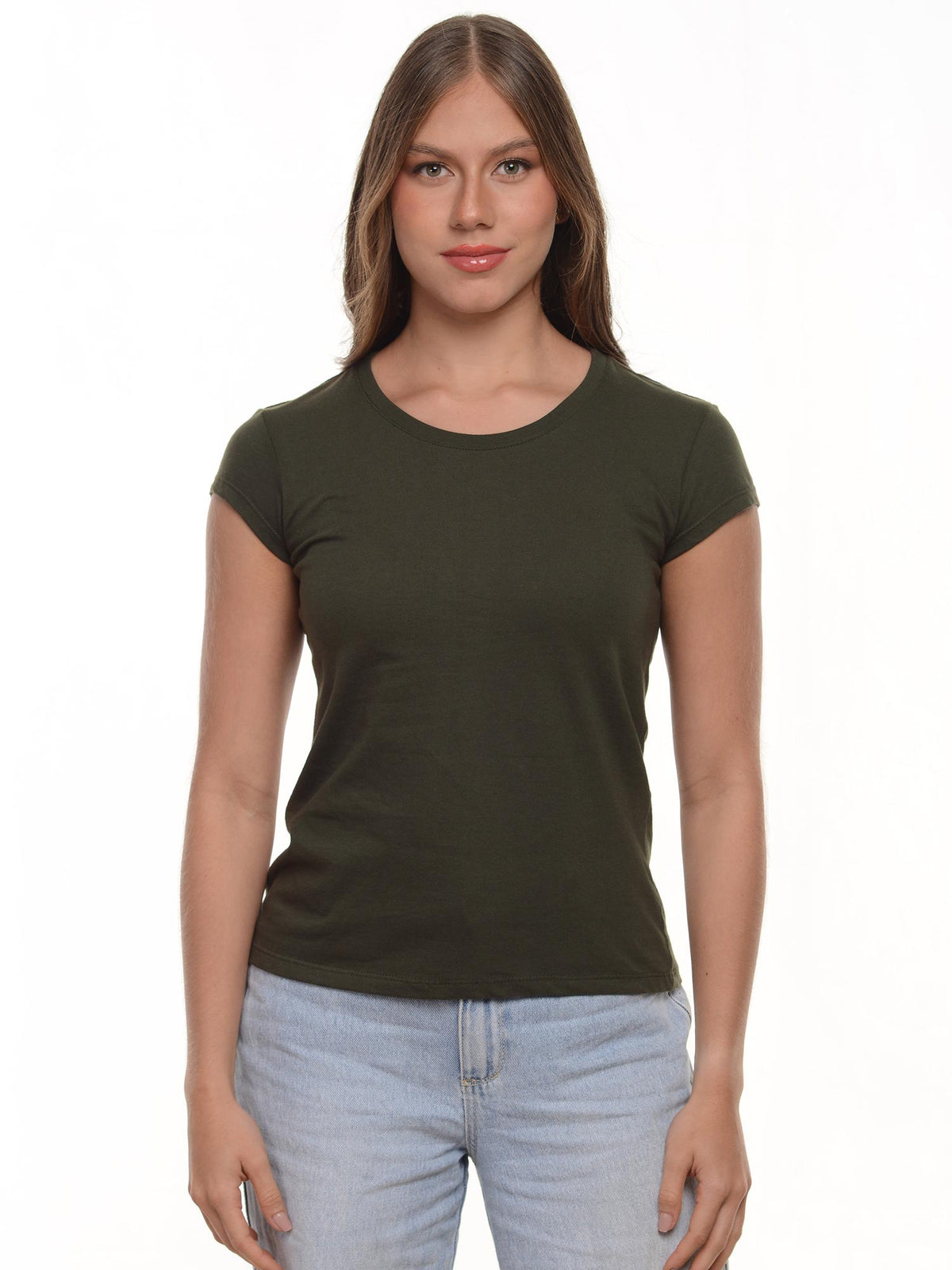Camiseta mujer slim fit cuello redondo color verde militar · Aritex Colombia