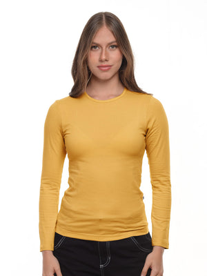 Blusa mujer slim fit luna manga larga color mostaza · Aritex Colombia