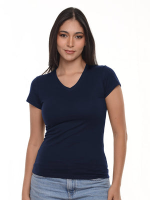 Camiseta mujer slim fit cuello v color azul navy · Aritex Colombia