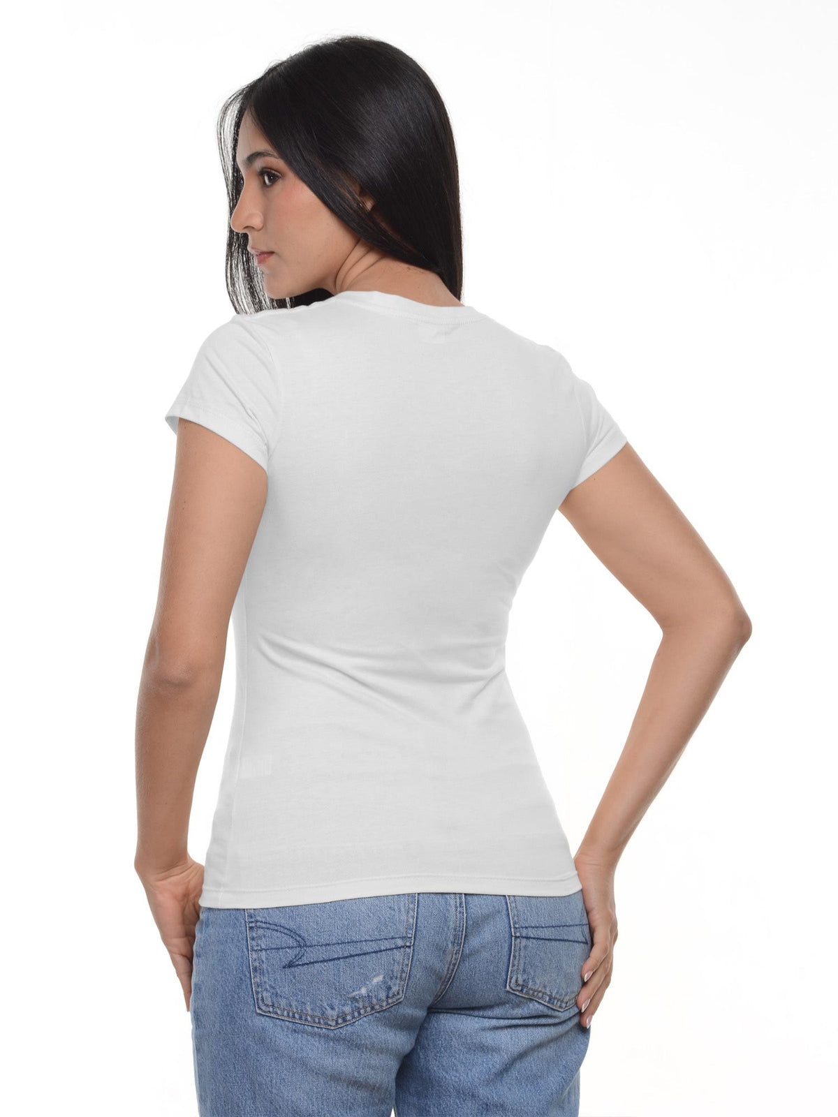 Camiseta mujer slim fit cuello v color blanco, vista 2 · Aritex Colombia