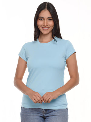 Camiseta mujer slim fit cuello redondo color azul medio · Aritex Colombia
