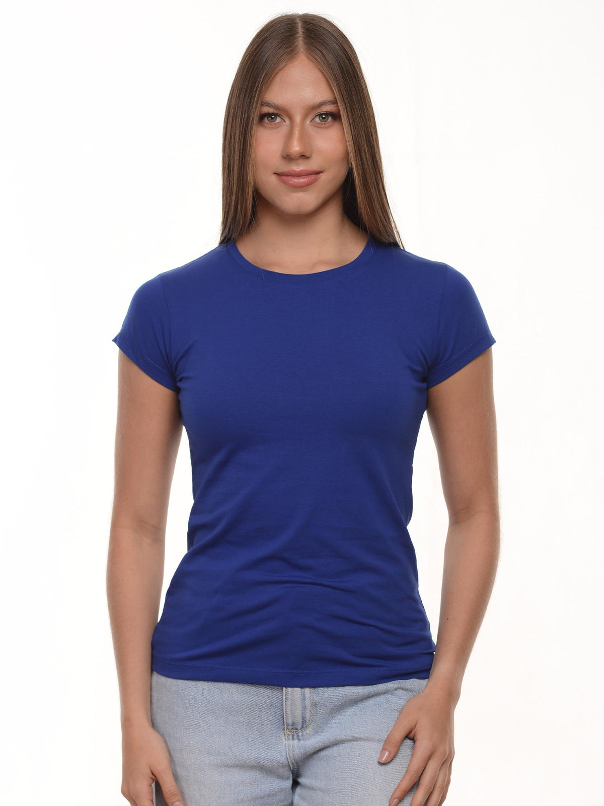 Camiseta mujer slim fit cuello redondo color azul rey · Aritex Colombia