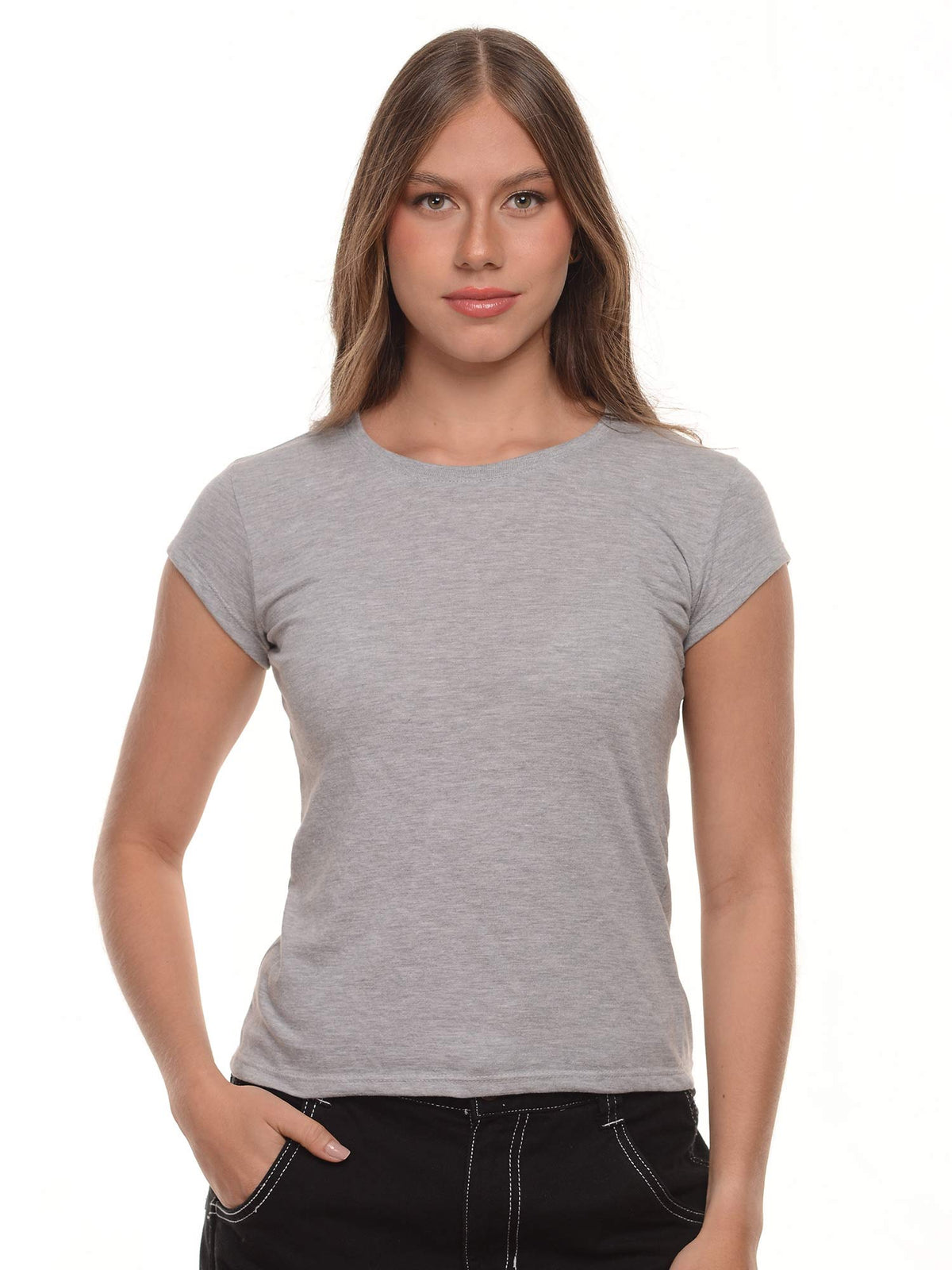 Camiseta mujer slim fit cuello redondo color gris jasped · Aritex Colombia