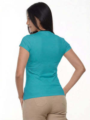 Camiseta mujer slim fit cuello redondo color verde esmeralda, vista 2 · Aritex Colombia