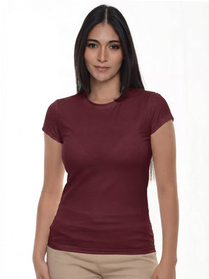Camiseta mujer slim fit cuello redondo color vinotinto · Aritex Colombia