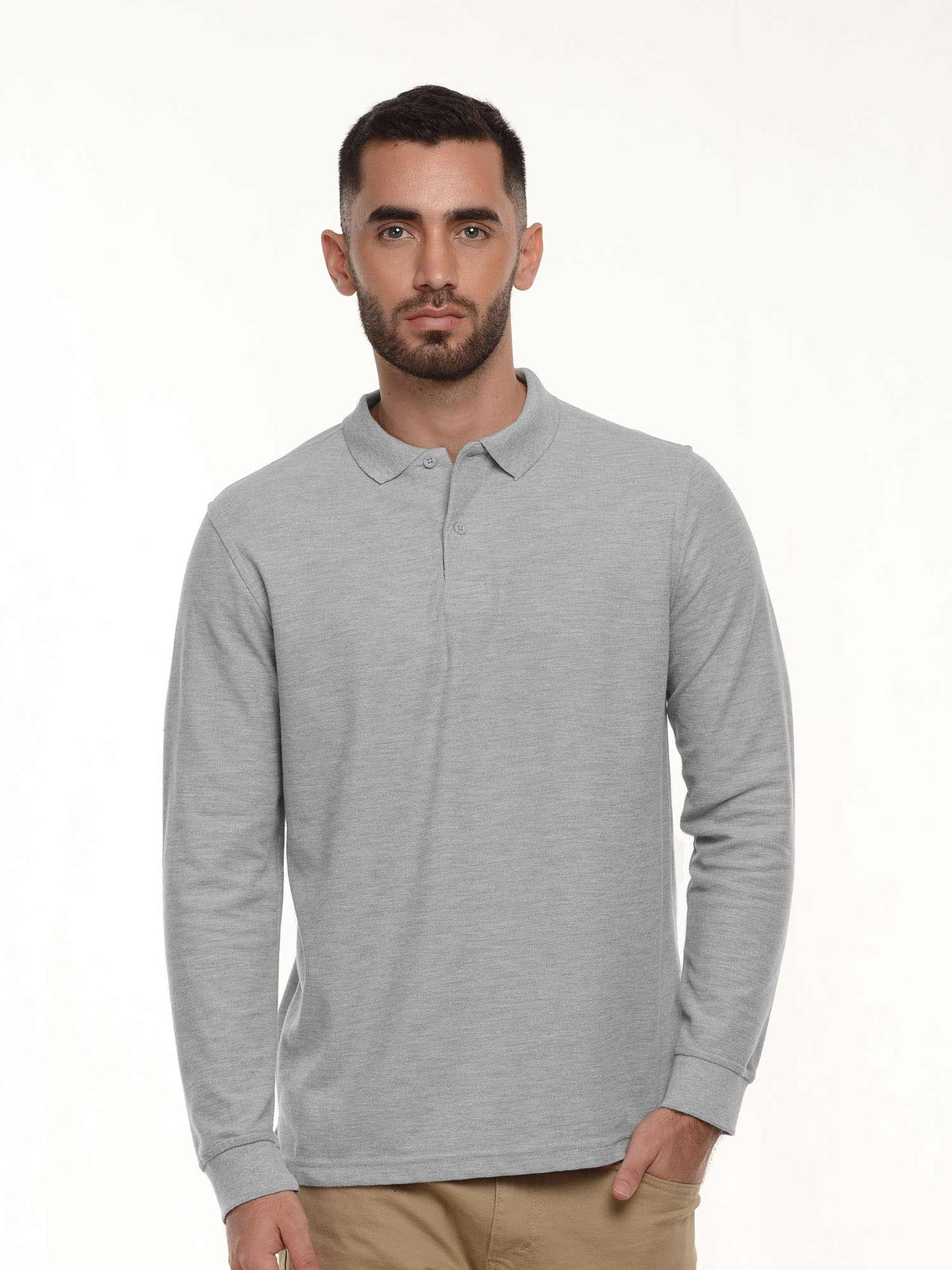 Polo hombre corte clásico manga larga color gris jasped · Aritex Colombia